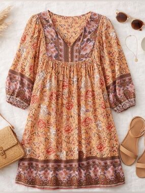 Boho Floral Tunic Dress - Peach Floral